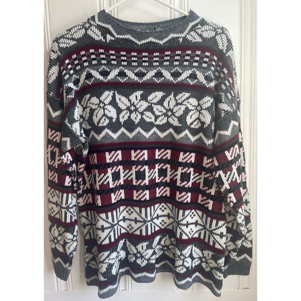 Vtg J.J. Browne USA Fair Isle Knit Gray Burgundy White Unisex Large/XL Fit
